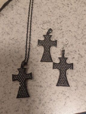Black Pave Cross Necklace and Earrings Set